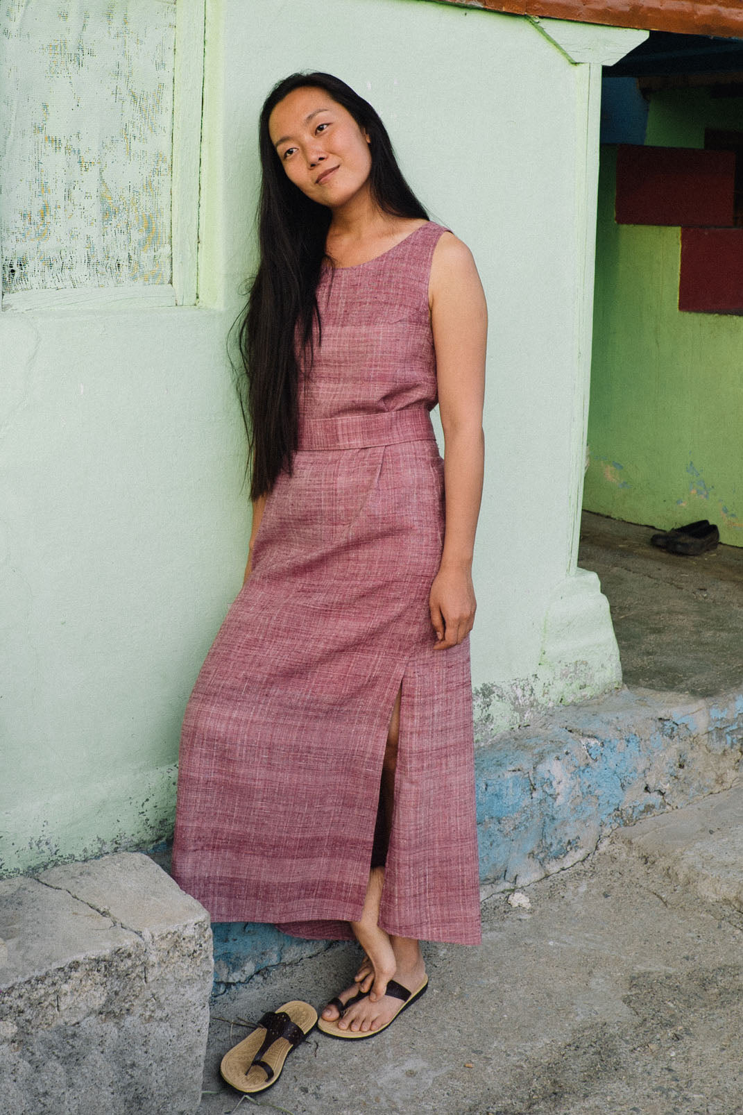 eri silk dress Green-Blue Handloom Pure Mulberry-Eri Silk Sleeveless Short Dress
