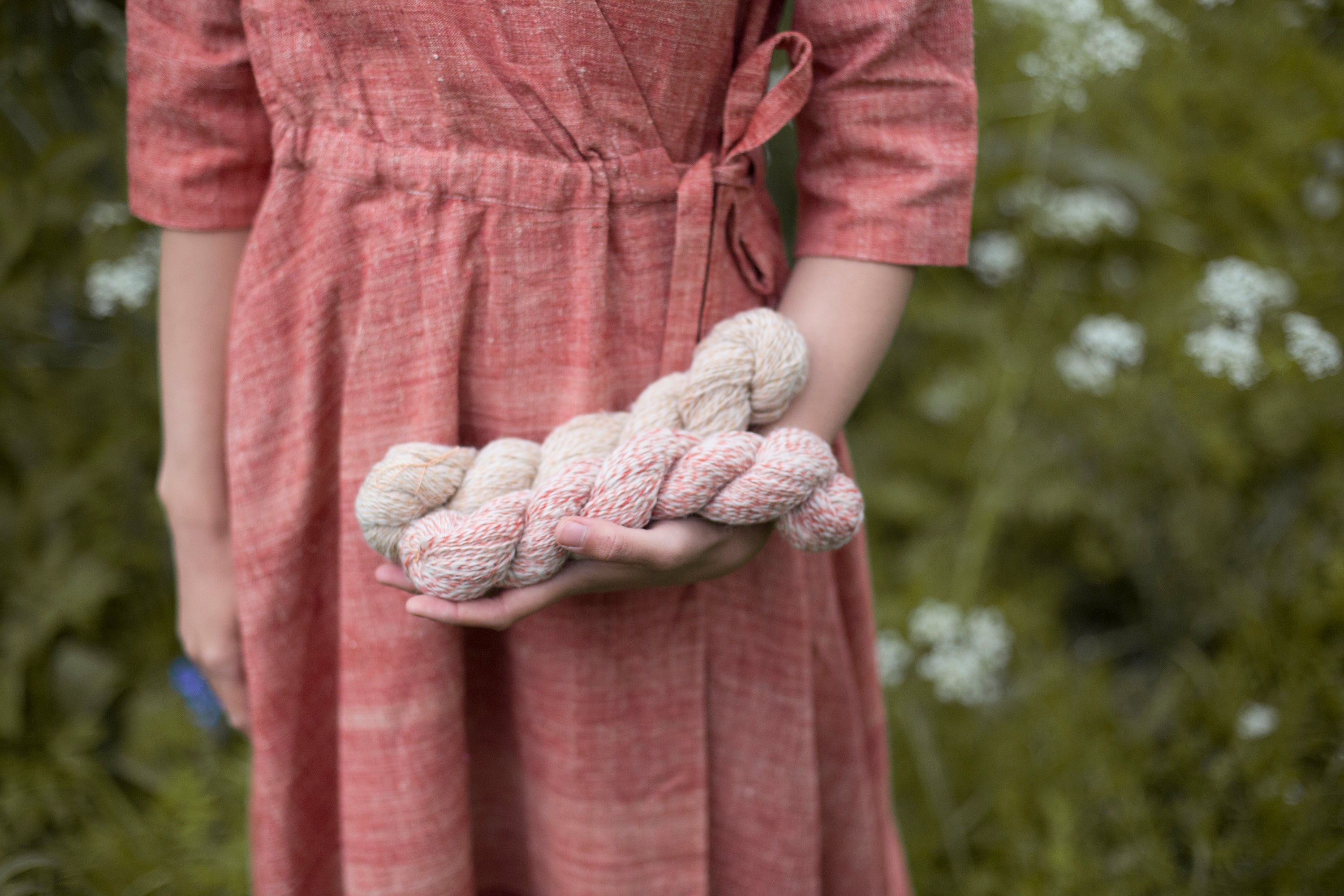 This is handspun yarn naturally dyed with madder, pomegranate skins and Cutch. It is 100% sheep wool great for knitting projects.