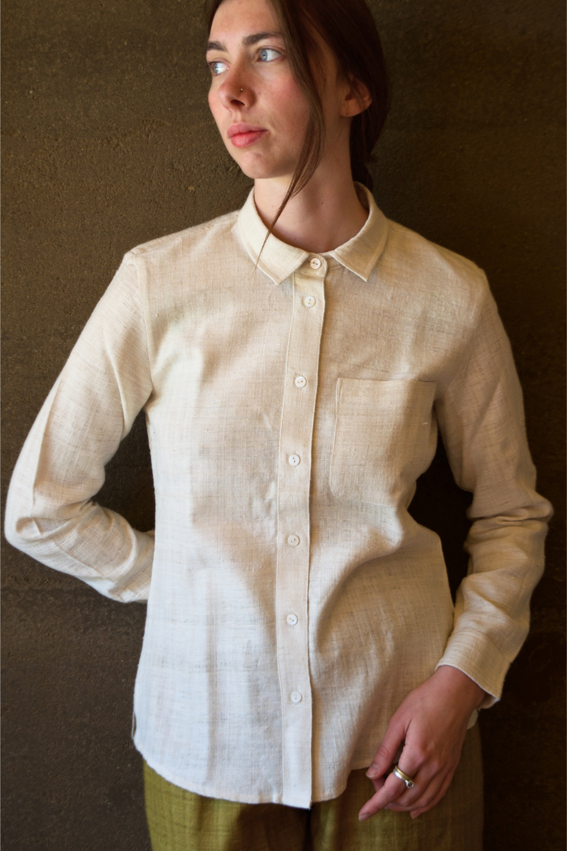 Luxurious eri silk button up shirt for women ethically made in Assam and Ladakh. Handspun and handwoven clothing and naturally dyed garments.