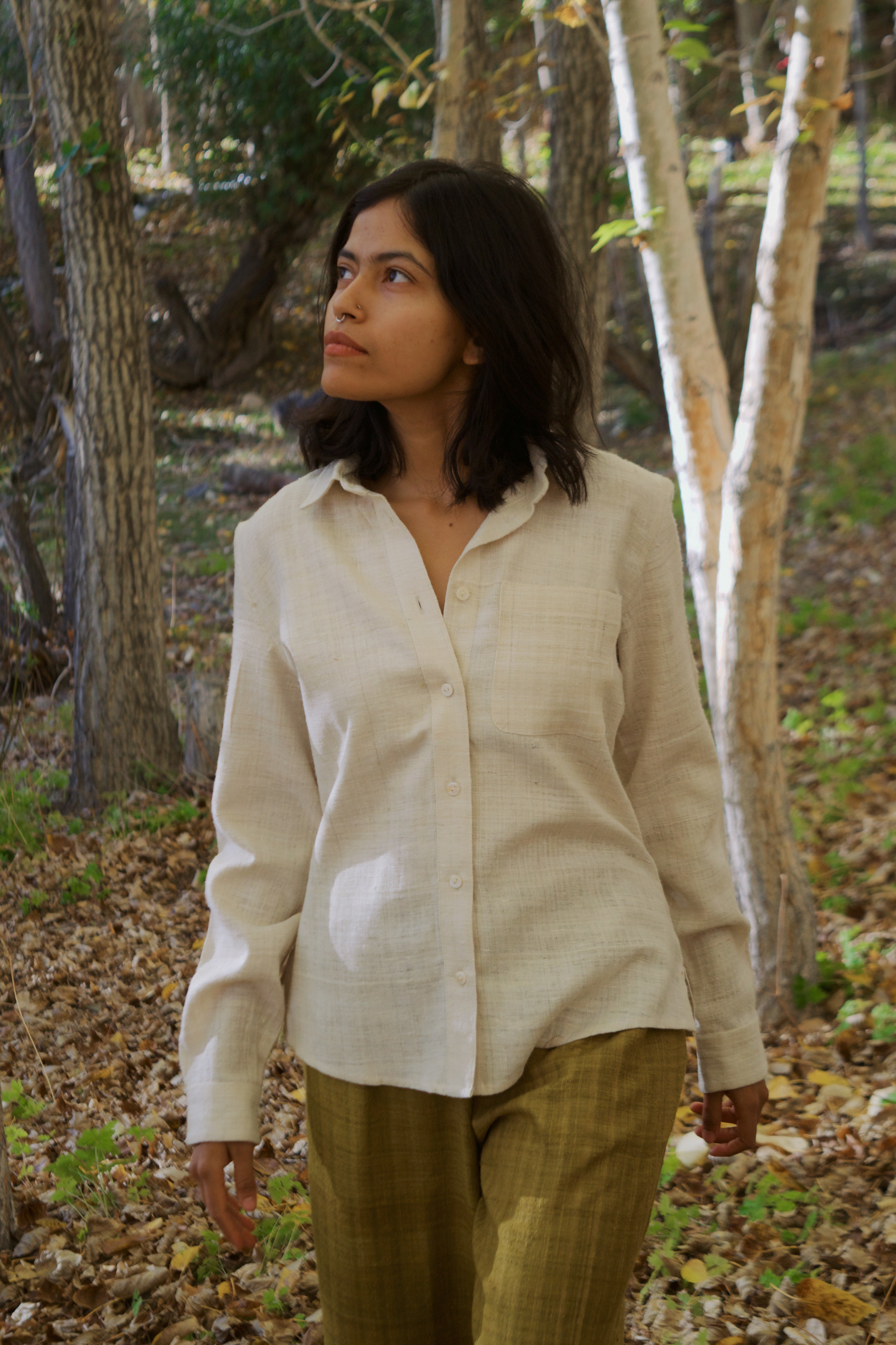 Luxurious eri silk button up shirt for women ethically made in Assam and Ladakh. Handspun and handwoven and naturally dyed.