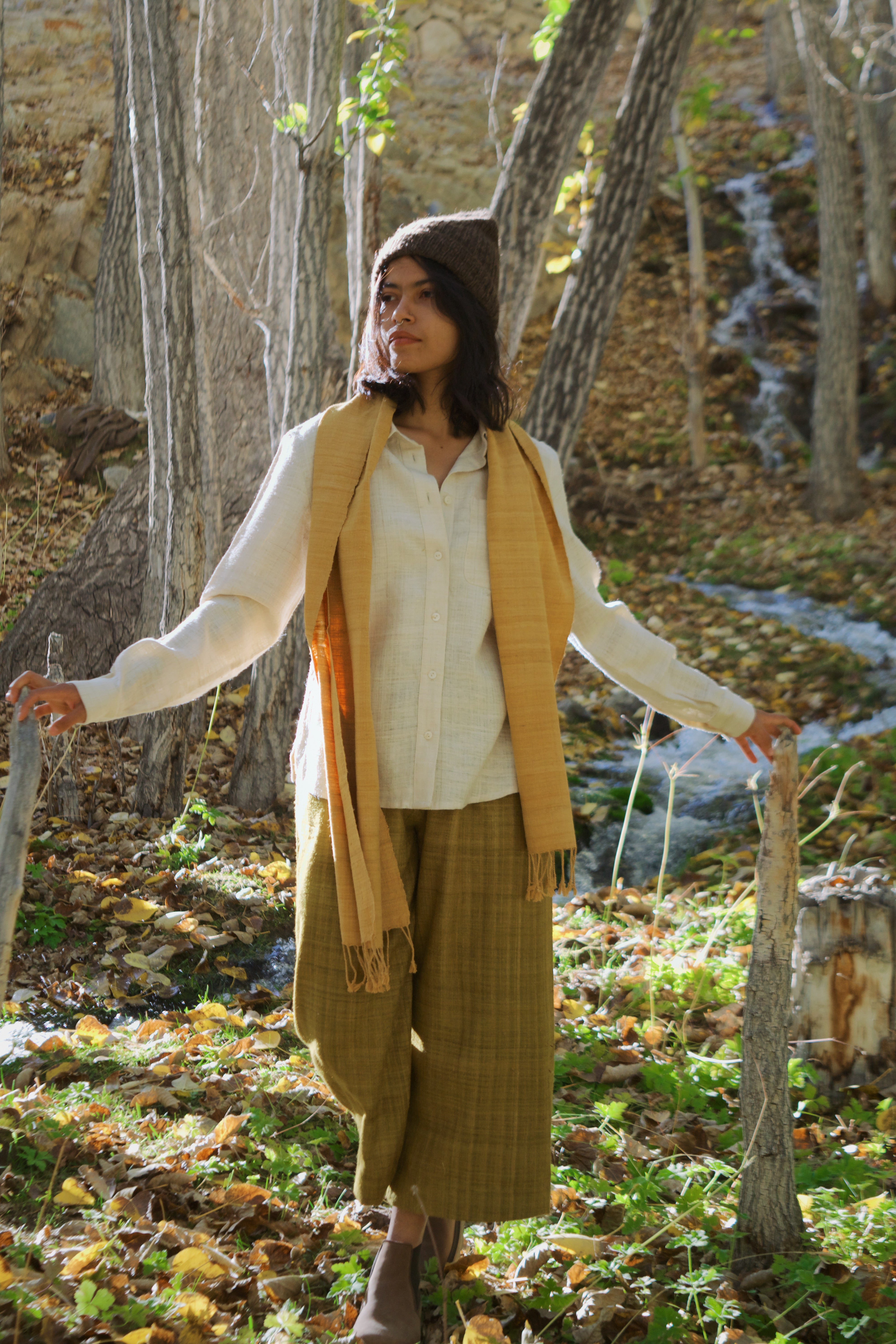 Luxurious eri silk button up shirt for women ethically made in Assam and Ladakh. Handspun and handwoven clothing and naturally dyed garments.