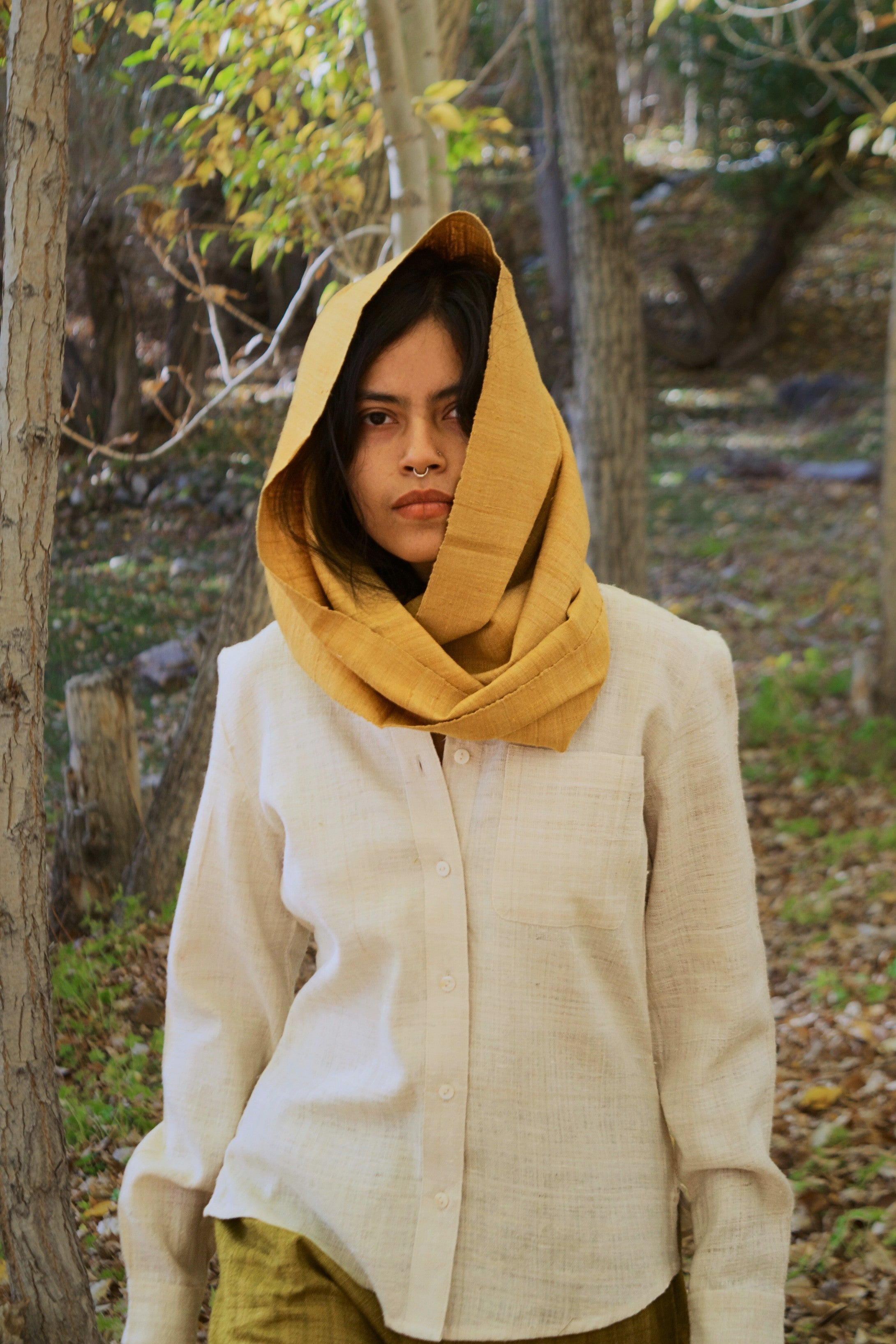 Luxurious eri silk button up shirt for women ethically made in Assam and Ladakh. Handspun and handwoven clothing and naturally dyed garments.