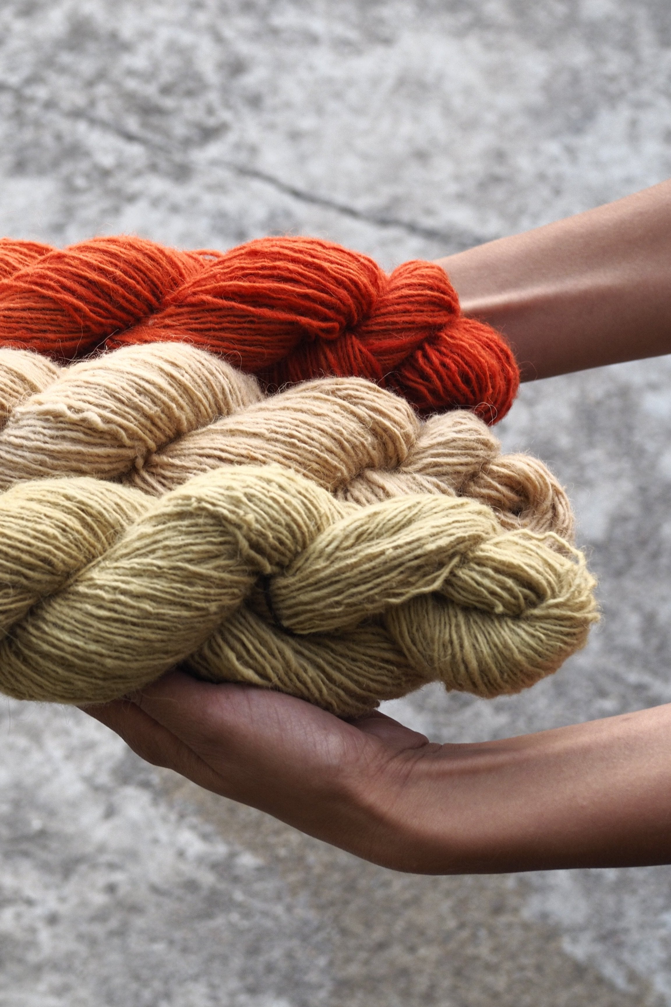 Handspun Sheepwool yarn from the Himalayas naturally dyed with cutch, pomegranate and madder. Organic fine wool from the Changthang Plateau in the Himalayas, Ladakh.