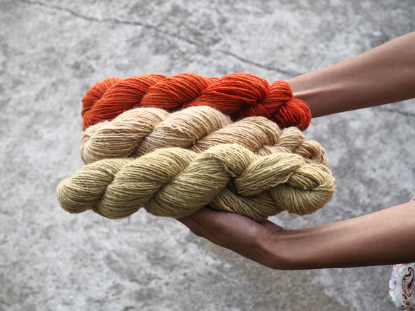 Handspun Sheepwool yarn from the Himalayas naturally dyed with cutch, pomegranate and madder. Organic fine wool from the Changthang Plateau in the Himalayas, Ladakh.