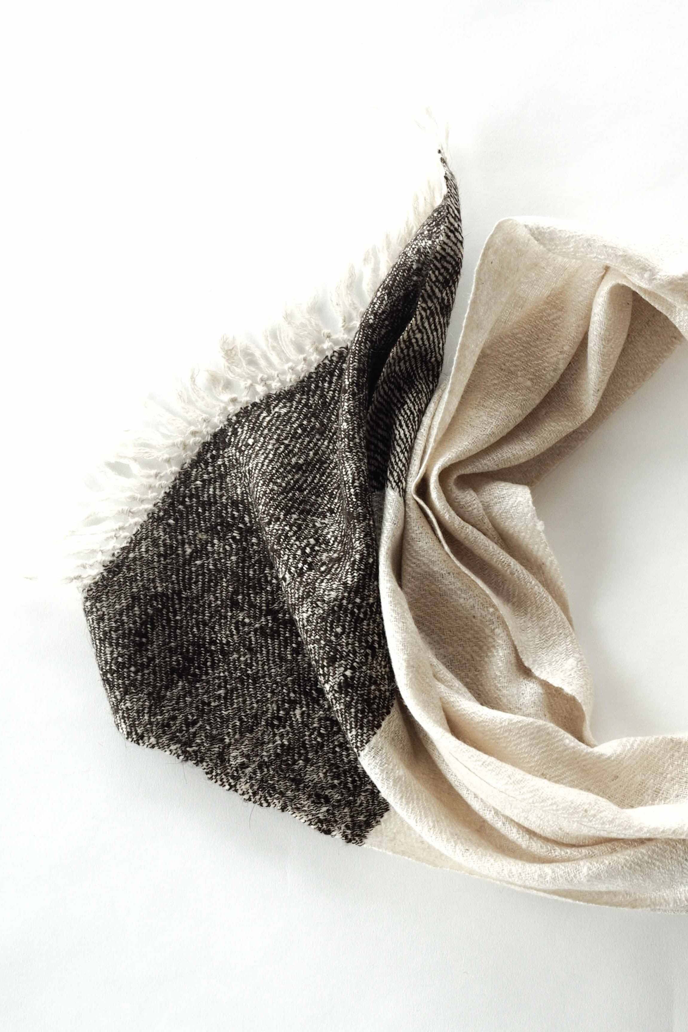 Autumn and winter Scarf made from organic peace silk, yak wool and Himalayan lambswool on a handloom in India. A beautiful blend of wool and eri silk, handspun and handwoven in Himachal Pradesh, India. Organic and natural material, 70% eri silk and 20% lambswool and 10% yak wool. Slow and ethically made.  