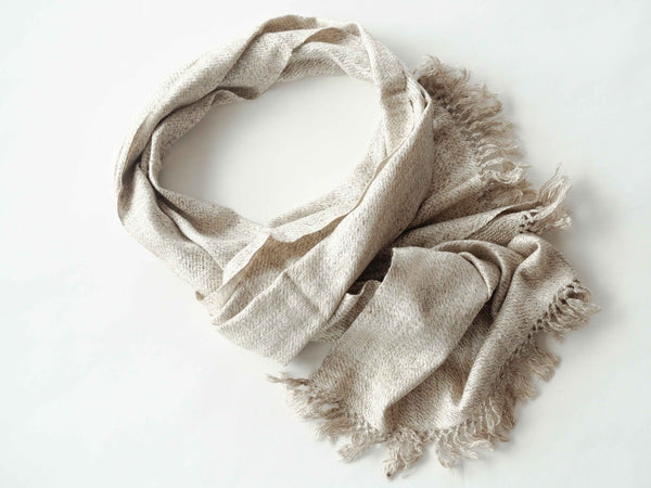 Autumn and winter Scarf made from organic peace silk and Himalayan lambswool on a handloom in India. A beautiful blend of wool and eri silk, handspun and handwoven in Himachal Pradesh, India. Organic and natural material, 70% eri silk and 30% lambswool. Slow and ethically made.  