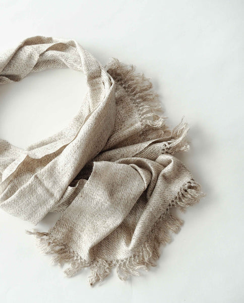 Autumn and winter Scarf made from organic peace silk and Himalayan lambswool on a handloom in India. A beautiful blend of wool and eri silk, handspun and handwoven in Himachal Pradesh, India. Organic and natural material, 70% eri silk and 30% lambswool. Slow and ethically made.  