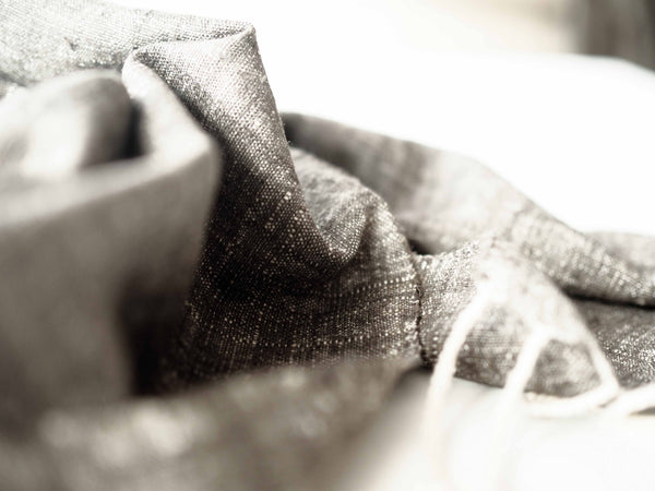 Eri silk scarf from India handspun and handwoven. Naturally dyed with Assamese tea and iron. Organic and natural material, 100% peace silk. Slow and ethically made.  