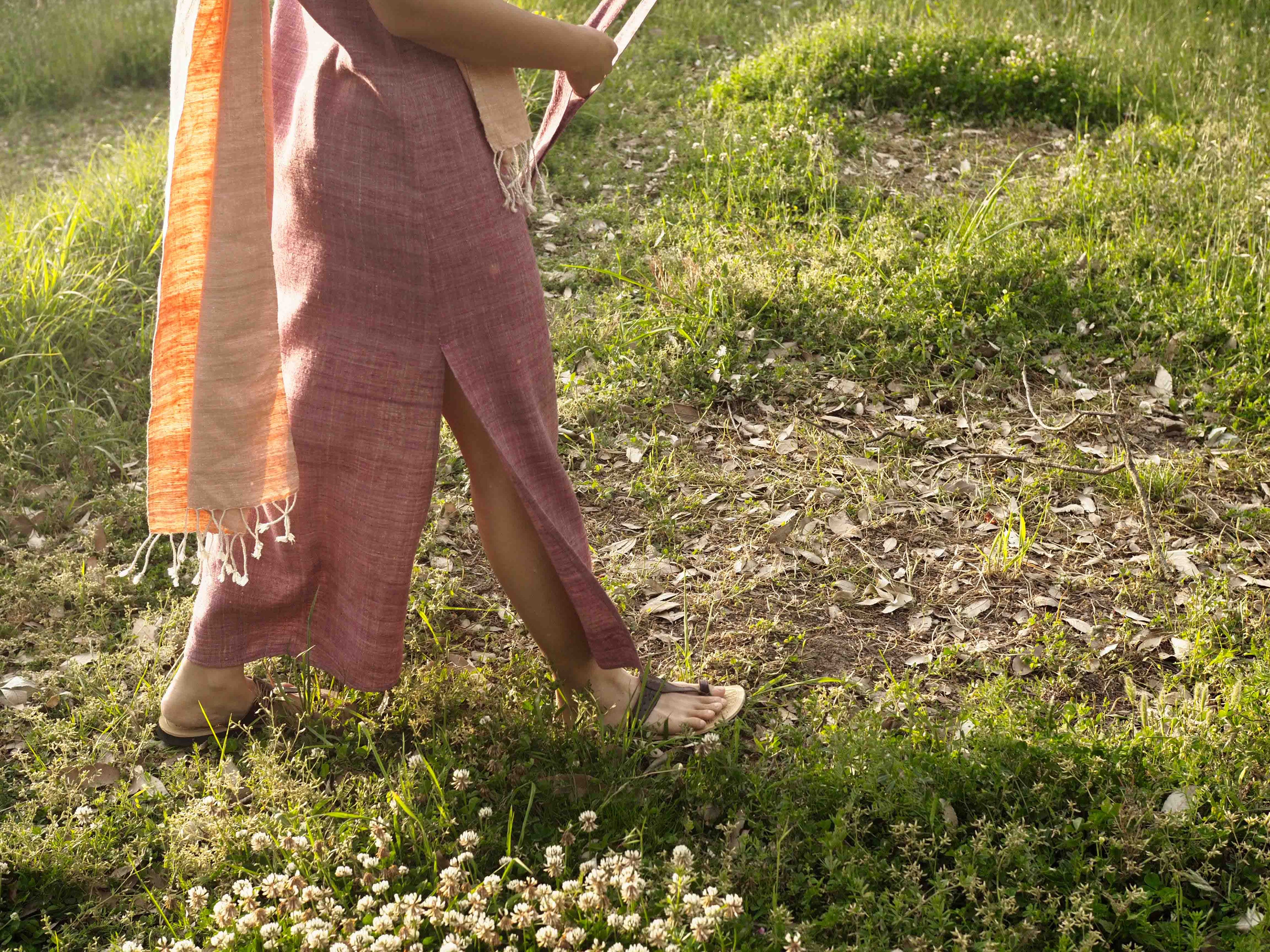 Handspun and handwoven eri silk dress in dark pink. 100% natural fiber. Ethically made, slow fashion.