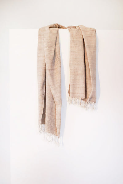 Eri silk scarf from India handspun and handwoven. Naturally dyed with local teak leaves. Organic and natural material, 100% peace silk. Slow and ethically made.  