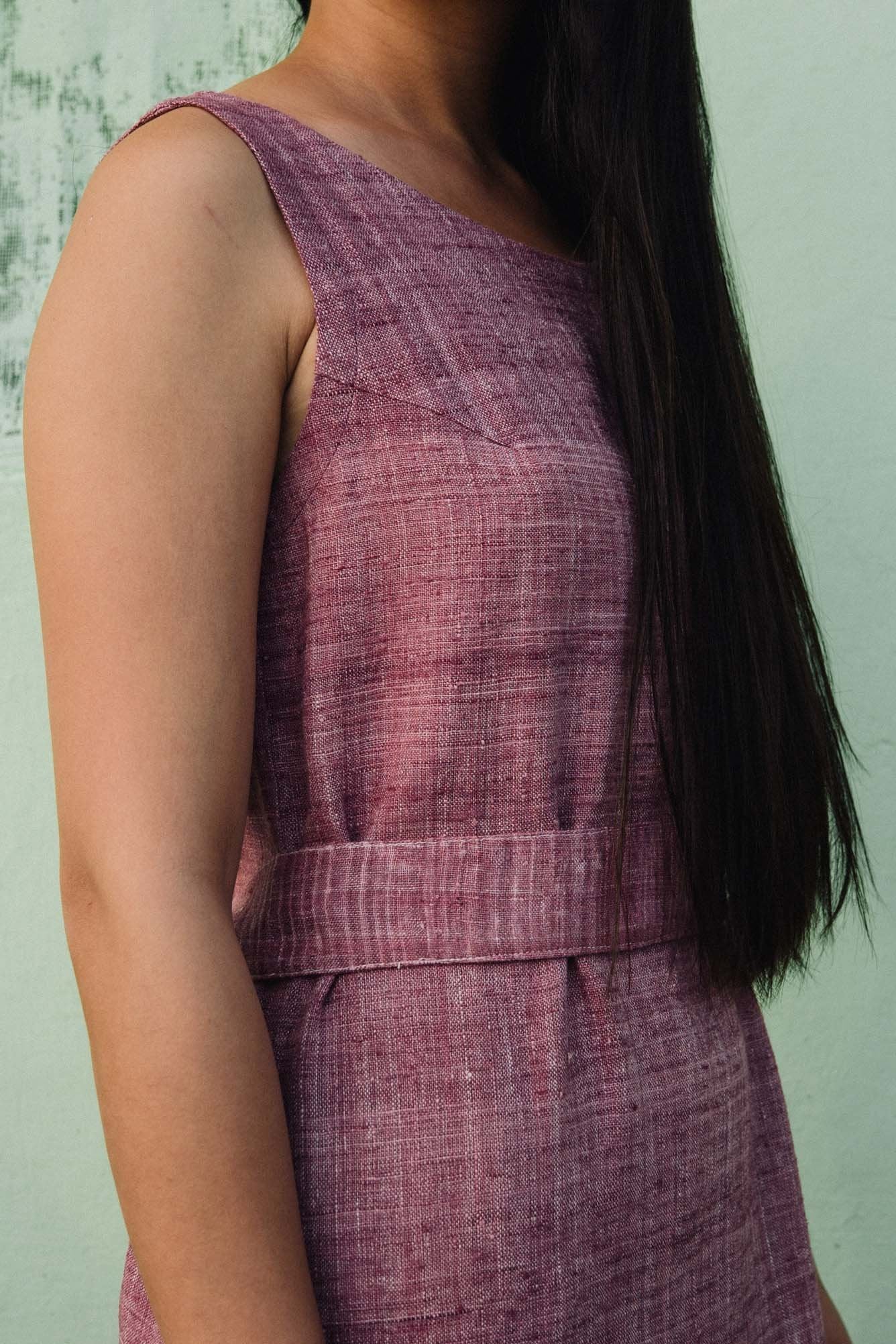 Handspun and handwoven eri silk dress in dark pink. 100% natural fiber. Ethically made, slow fashion.