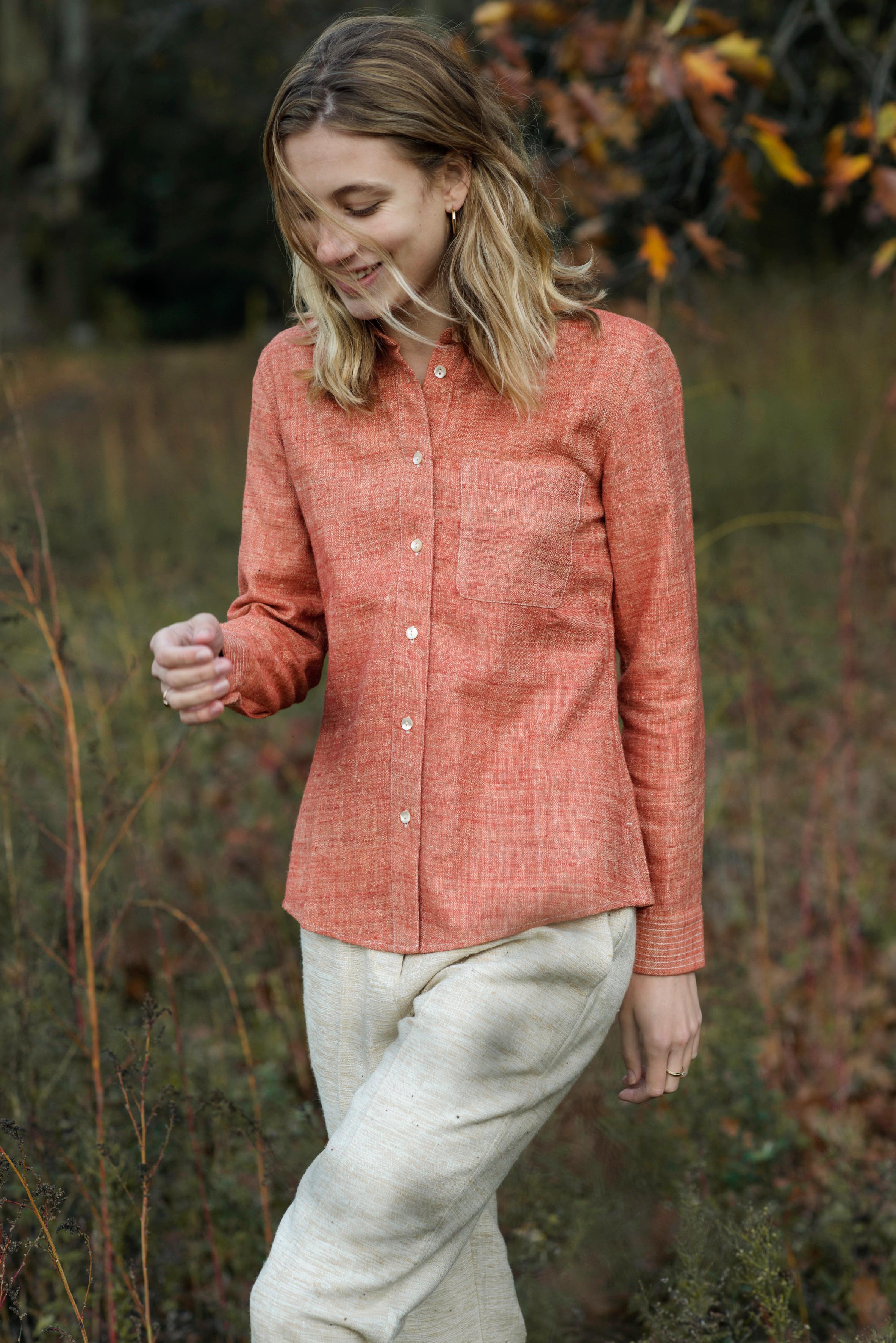 Luxurious eri silk button up shirt for women ethically made in Assam and Ladakh. Handspun and handwoven clothing and naturally dyed garments.