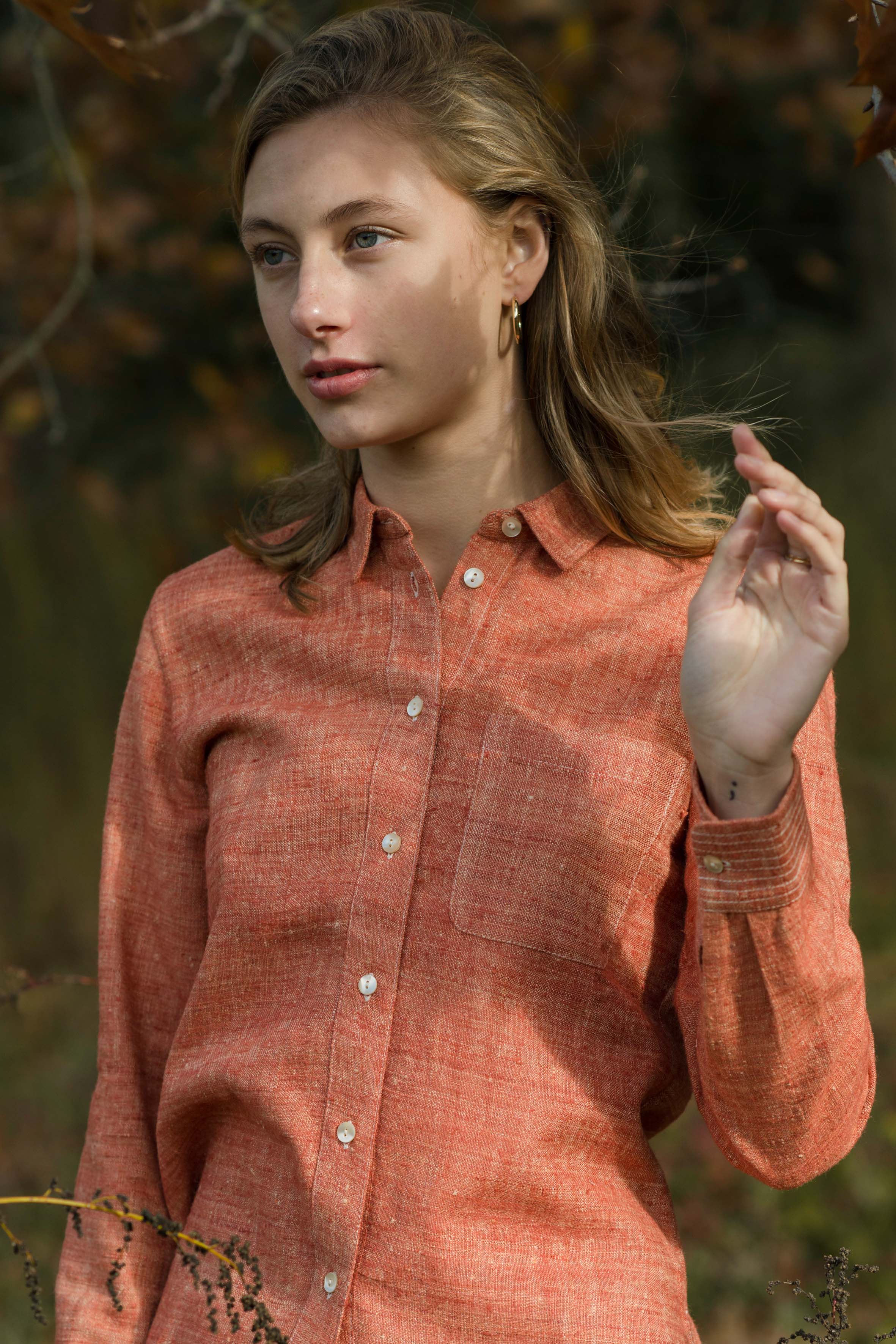 Luxurious eri silk button up shirt for women ethically made in Assam and Ladakh. Handspun and handwoven clothing and naturally dyed garments.