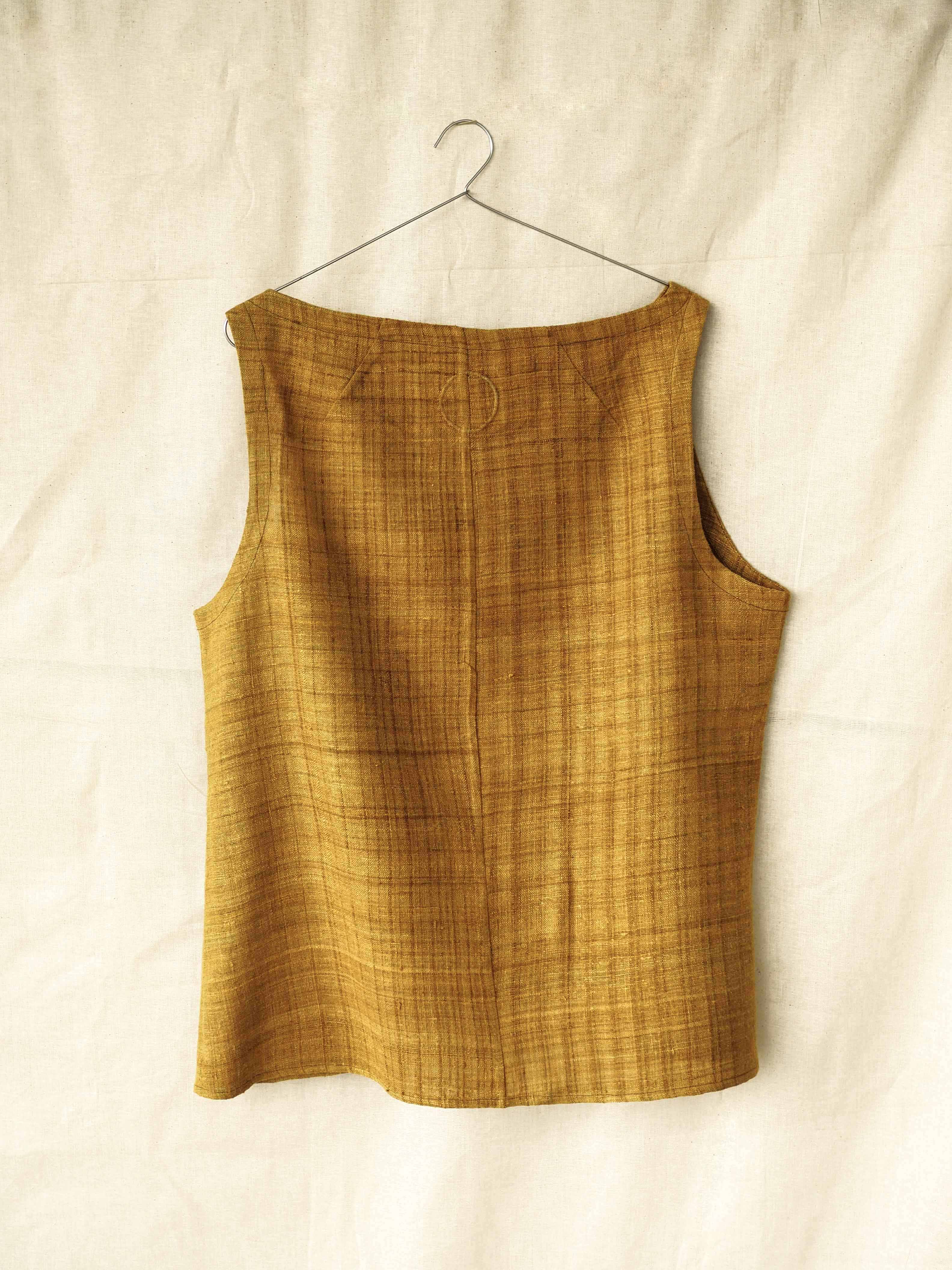 Handspun and handwoven eri silk top in a mustard color. 100% natural fiber and naturally dyed with onion skins. Ethically made, slow fashion, simplicity.