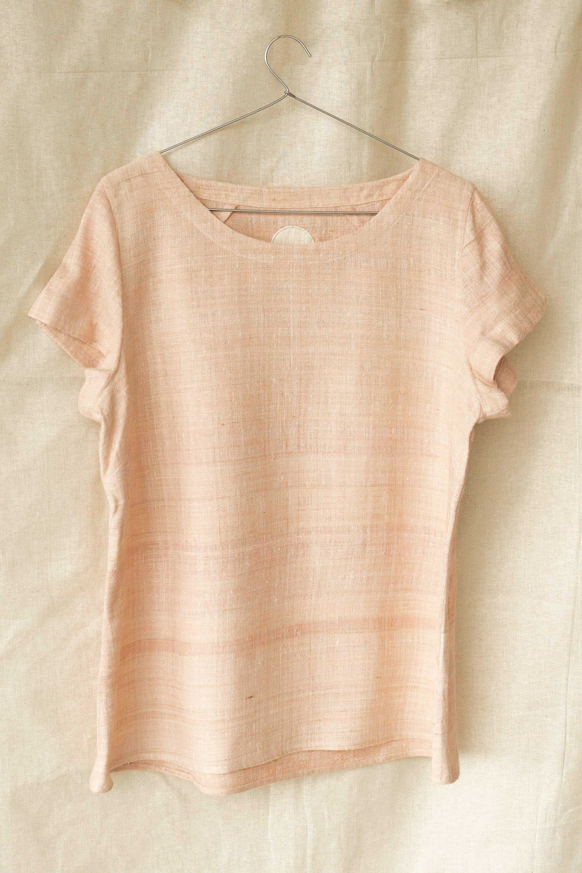 Handspun and handwoven eri silk shirt in a salmon and apricot color. 100% natural fiber and naturally dyed with Indian madder roots. Ethically made, slow fashion, simplicity.