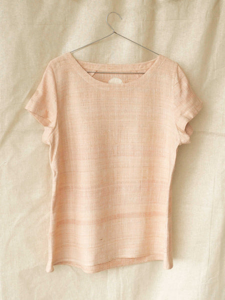 Handspun and handwoven eri silk shirt in a salmon and apricot color. 100% natural fiber and naturally dyed with Indian madder roots. Ethically made, slow fashion, simplicity.