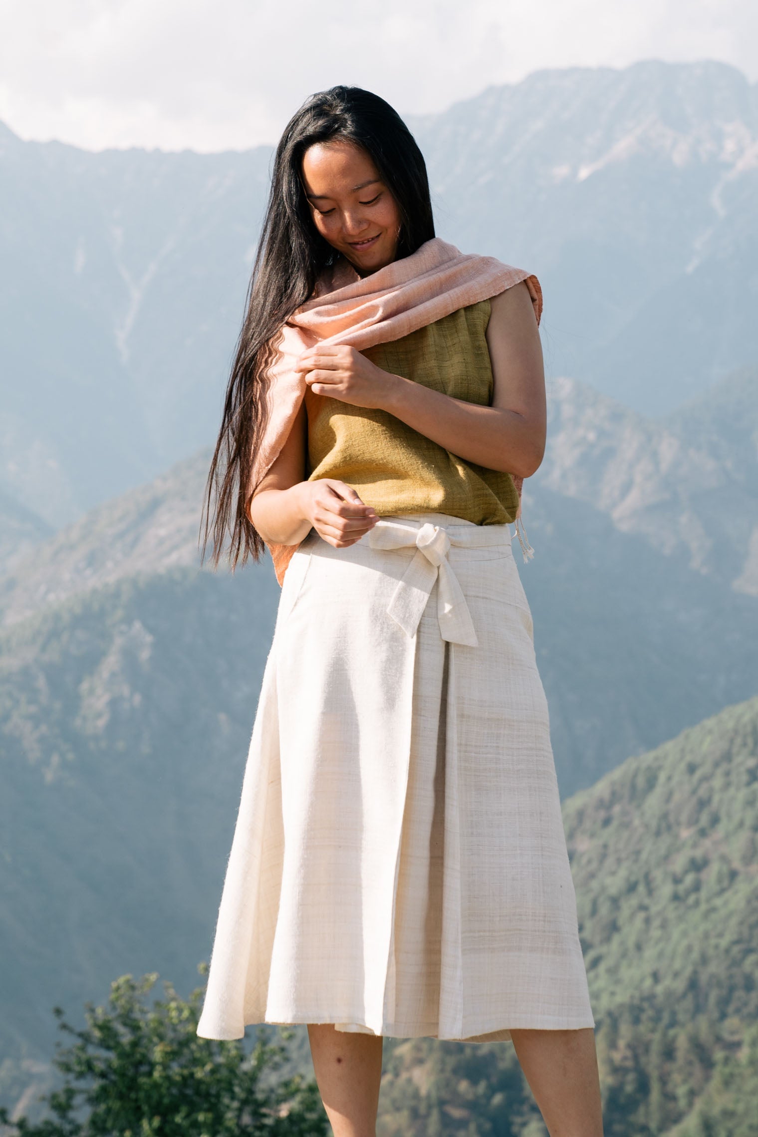 Handspun and handwoven eri silk top in a mustard color. 100% natural fiber and naturally dyed with onion skins. Ethically made, slow fashion, simplicity.