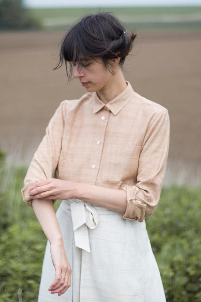 Luxurious eri silk button up shirt for women ethically made in Assam and Ladakh. Handspun and handwoven clothing and naturally dyed garments.